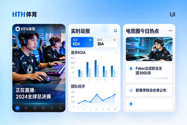 HTH体育官方应用界面截图，展示电竞赛事直播、数据统计与新闻推送功能