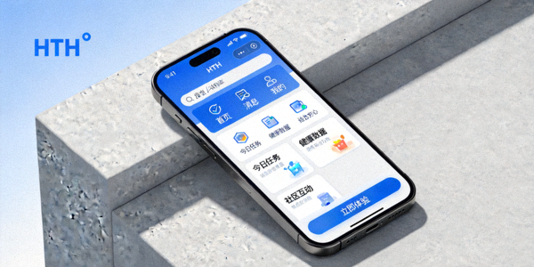 智能手机上显示HTH移动应用升级版界面，展示最新赛事情报与个性化推送功能