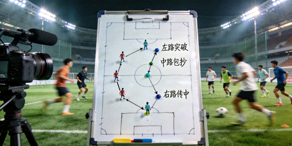 球场内摄像机捕捉到的球员训练画面，聚焦战术板
