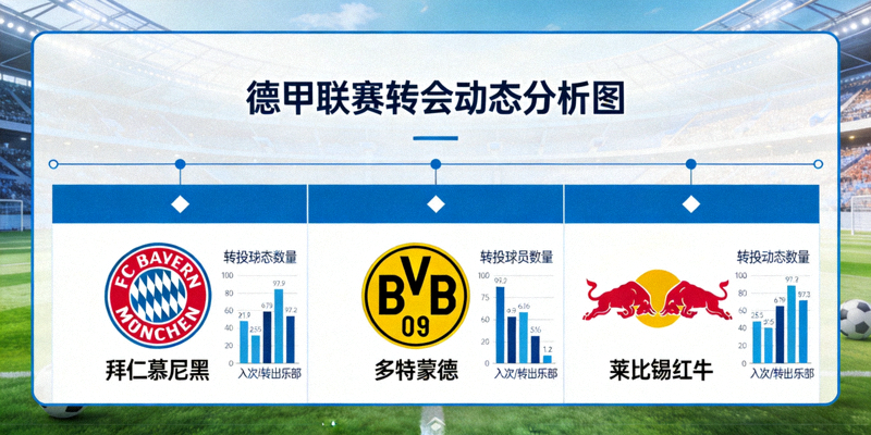 德甲联赛转会动态分析图，展示拜仁慕尼黑、多特蒙德、莱比锡红牛队徽