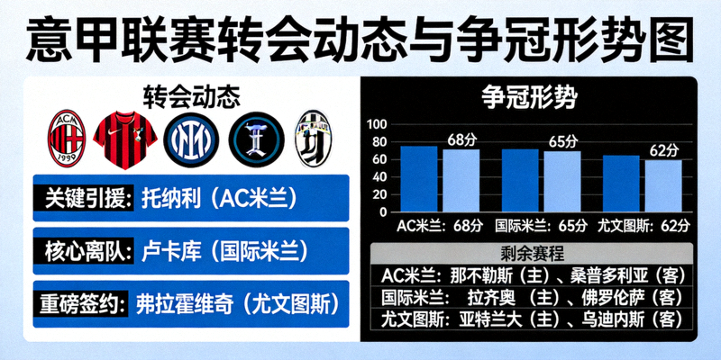 意甲联赛转会动态与争冠形势图，展示AC米兰、国际米兰、尤文图斯队徽