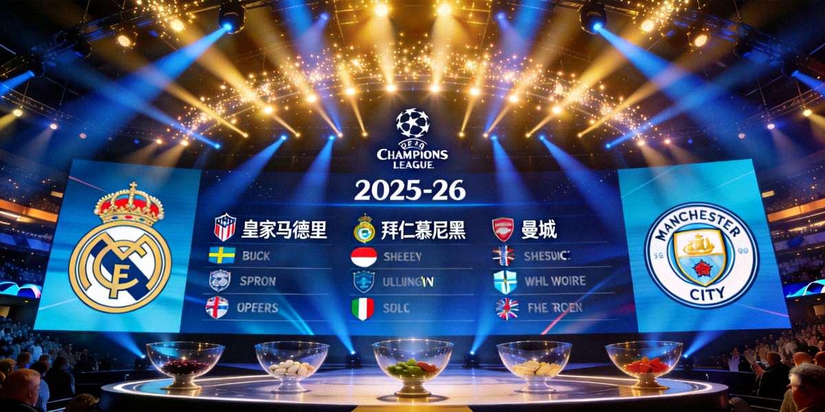 2025-26赛季欧冠抽签仪式现场，大屏幕显示皇家马德里、拜仁慕尼黑、曼城等豪门球队分组结果，舞台灯光璀璨