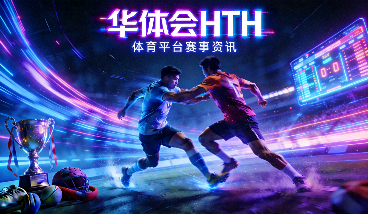 华体会HTH体育平台赛事资讯主视觉展示图，呈现霓虹科技风格体育竞技场景